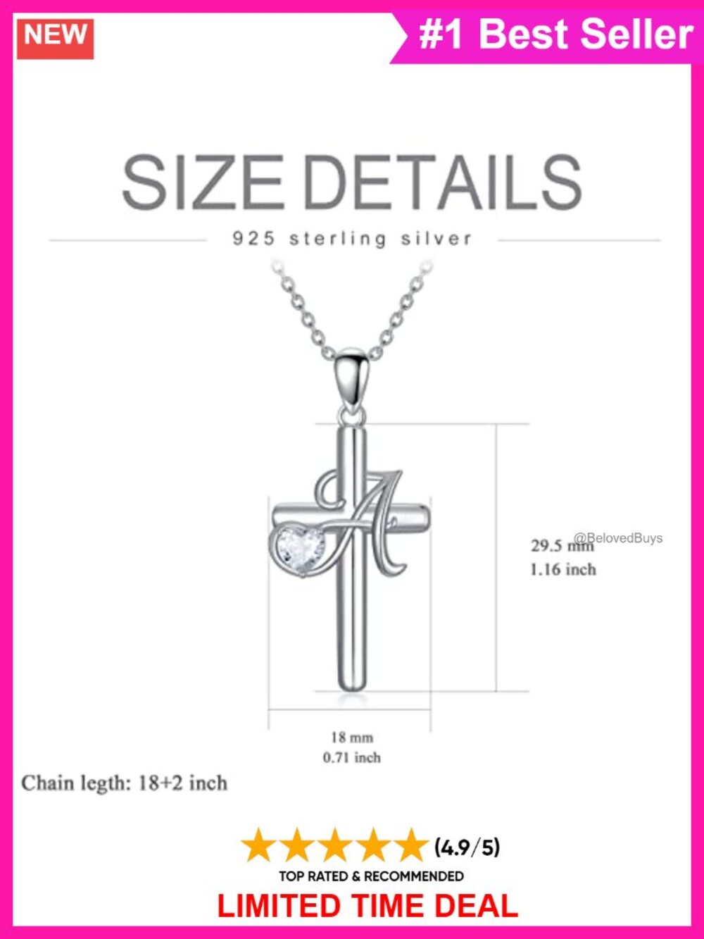 925 Sterling Silver Initial Cross Necklace Cubic Zirconia Pendant - Picture 5 of 6